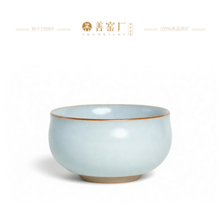 善窑厂李善明善款月白釉茶杯 禅定杯 开片可养高温汝瓷汝窑主人杯