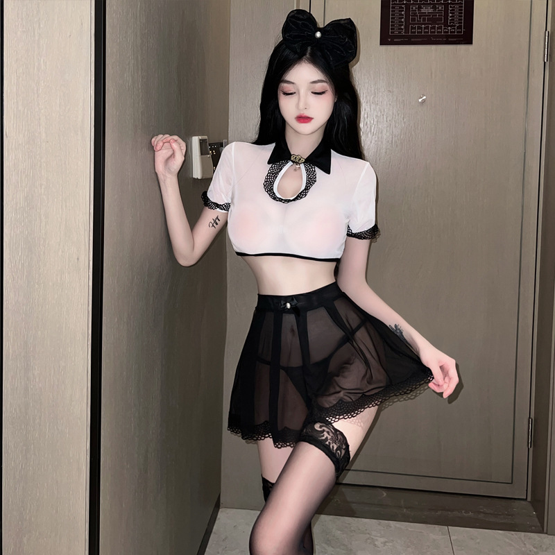 18YX0671欧美2023跨境外贸性感上衣透视网纱短裙女仆装jk制服套装