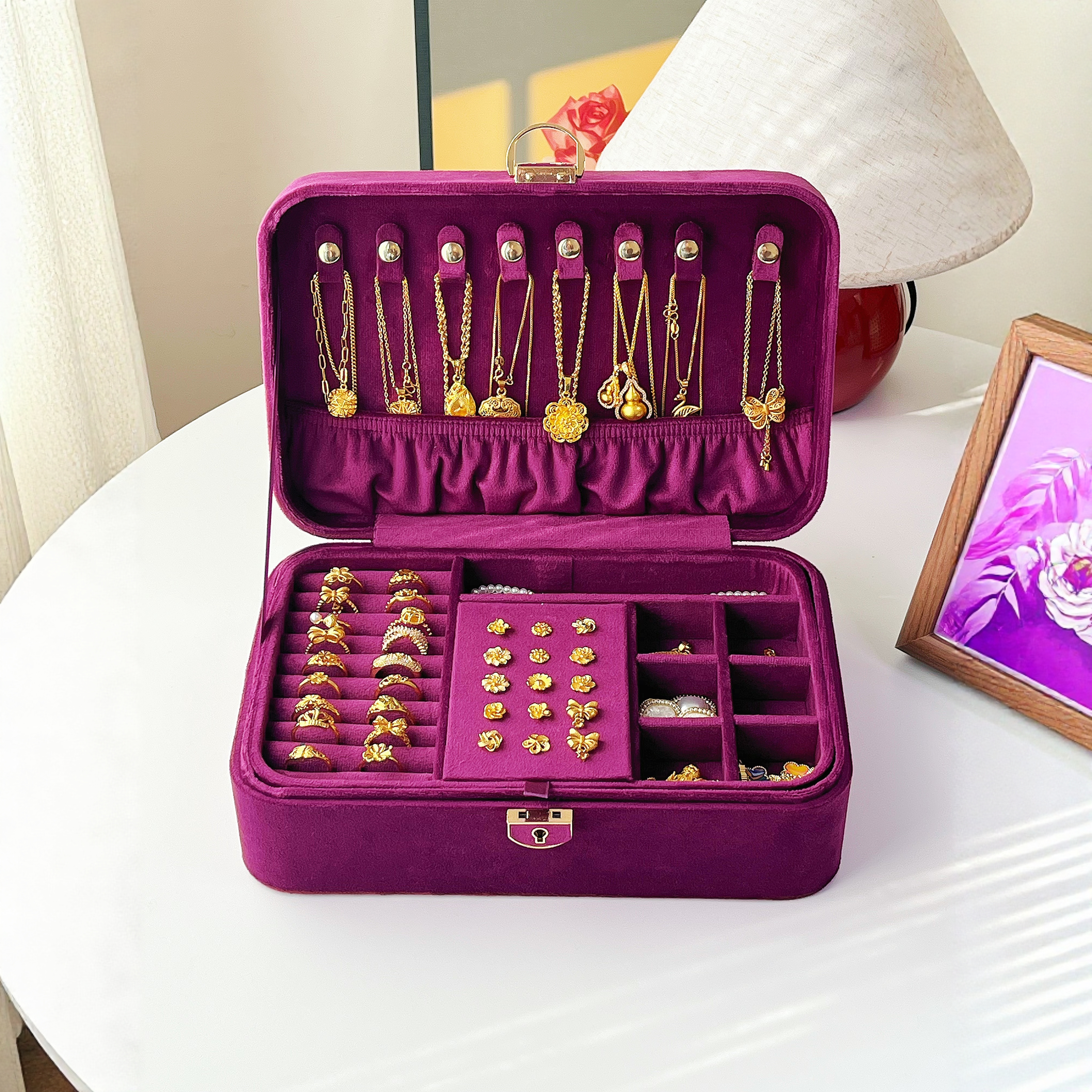 天鹅绒带锁首饰盒双层防氧化