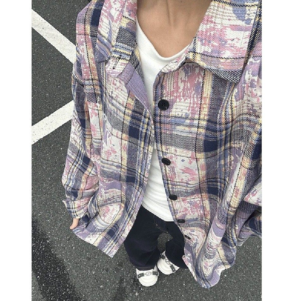 粉色扎染格子衬衫男长袖高级感痞帅衬衣美式复古慵懒格纹情侣外套,男装,衬衫,淘宝优惠券,粉丝福利购,淘宝优惠卷