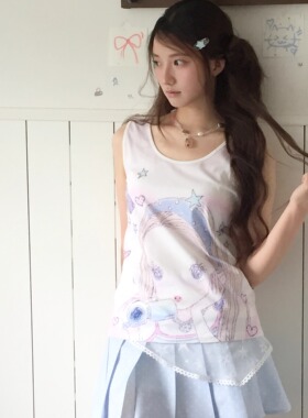 小猫藏星StarryKitty千禧风印花背心宽松粉色显瘦遮副乳无袖上衣