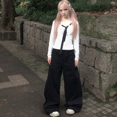 小猫藏星StarryKitty长袖波点印花T恤显瘦正肩「可打领带蝴蝶结