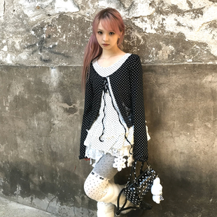 小猫藏星starrykitty黑白撞色假两件波点长袖 T恤「很显瘦百搭打底