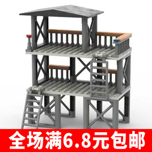 军事基地哨塔积木两层瞭望塔三层哨岗拼装玩具兼容国产小颗粒moc