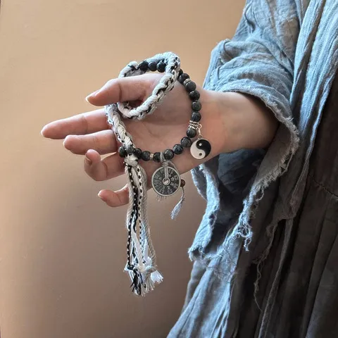 女双生鬼手作情侣款手串男编织小众手绳设计新中式手链太极山花钱