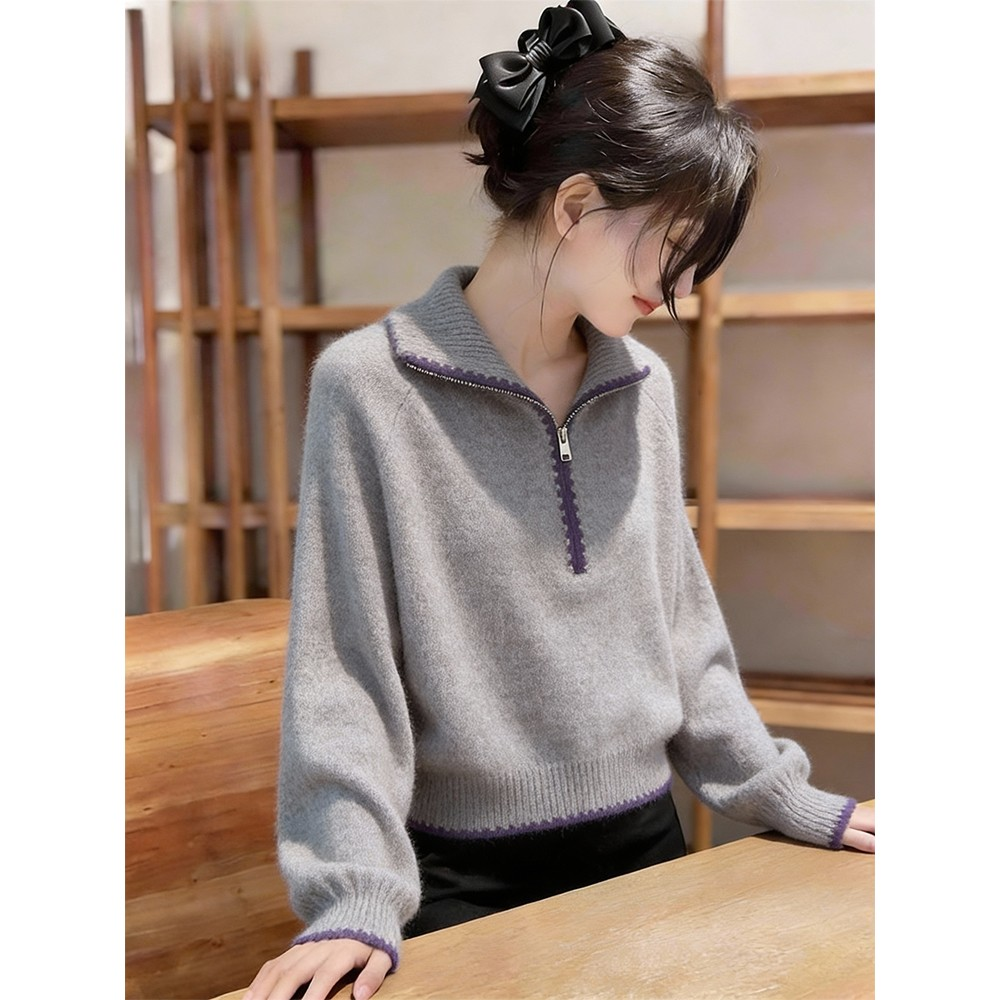 2026新款春秋小众别致半拉链灰色毛衣女装软糯慵懒通勤百搭针织衫,女装/女士精品,毛衣,淘宝优惠券,粉丝福利购,淘宝优惠卷