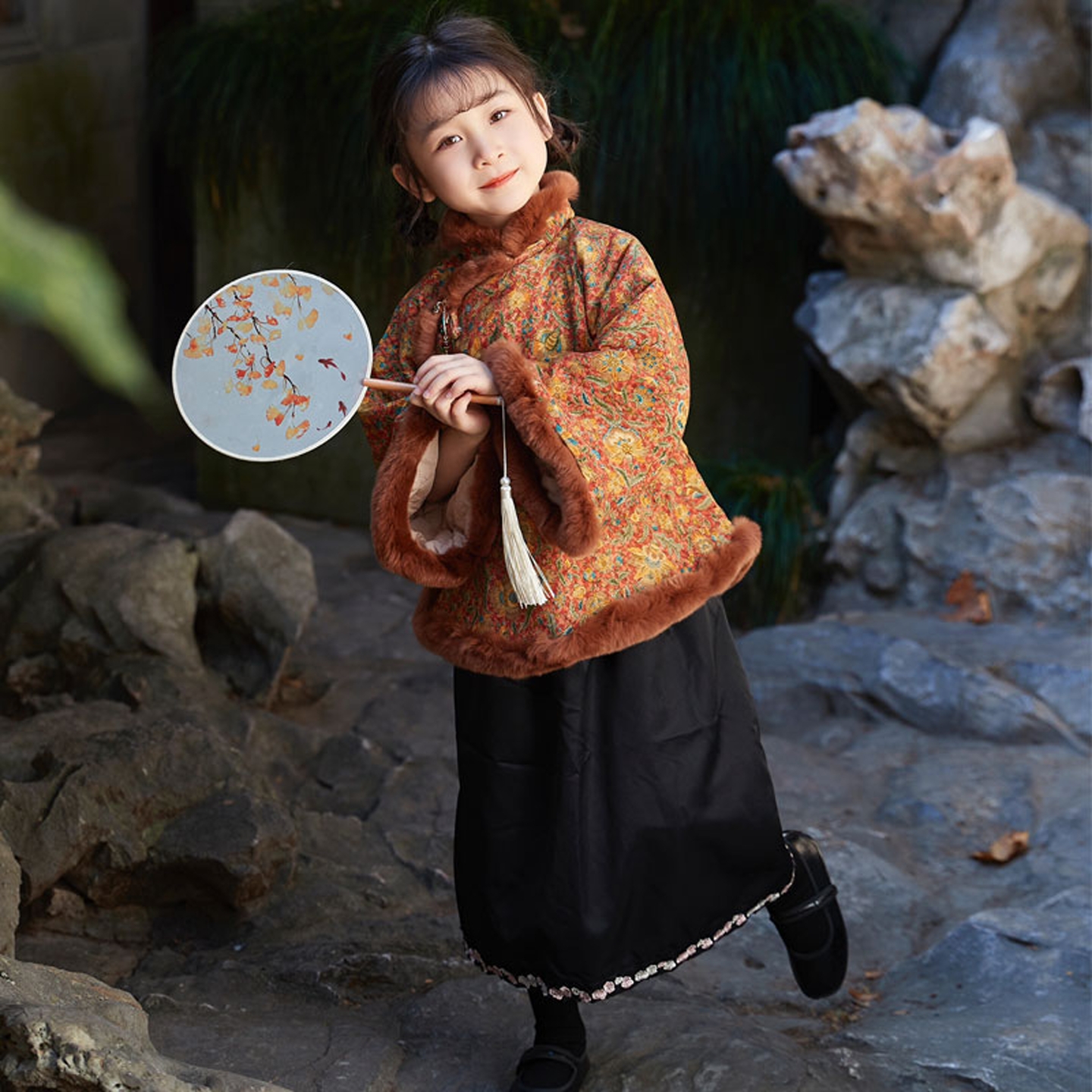 真兔毛棉袄儿童旗袍女秋冬冬季中国风女童冬款夹棉小女孩新年服