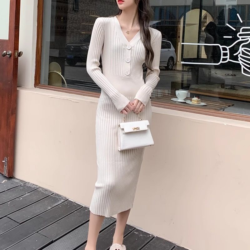 LILY MOST针织连衣裙女秋冬季修身显瘦打底长袖包臀中长款毛衣裙