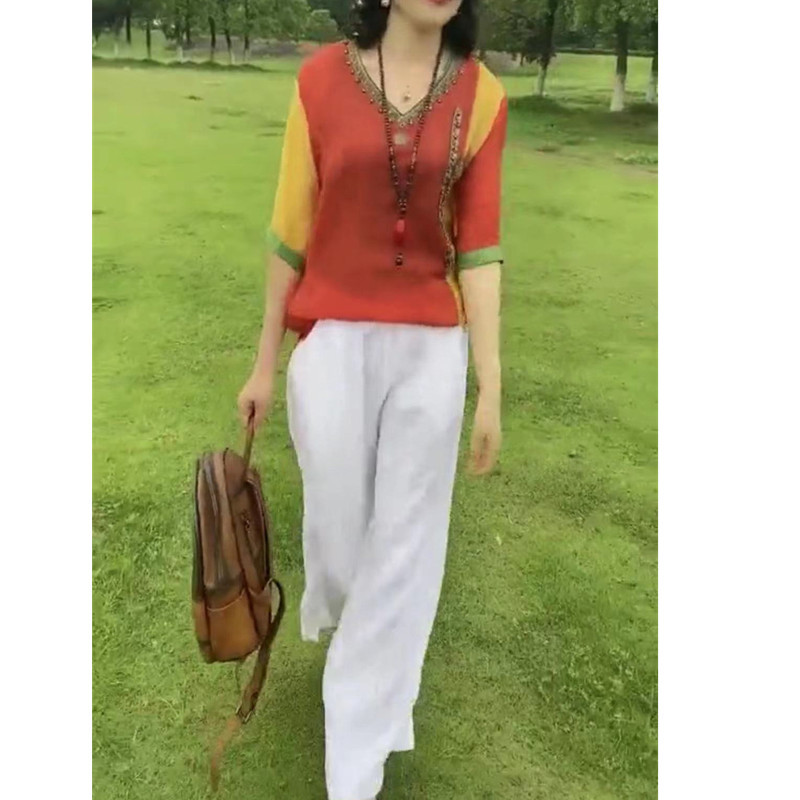 法国topwhit夏季新款橘拼黄打底衫白色直筒裤时尚v领显瘦