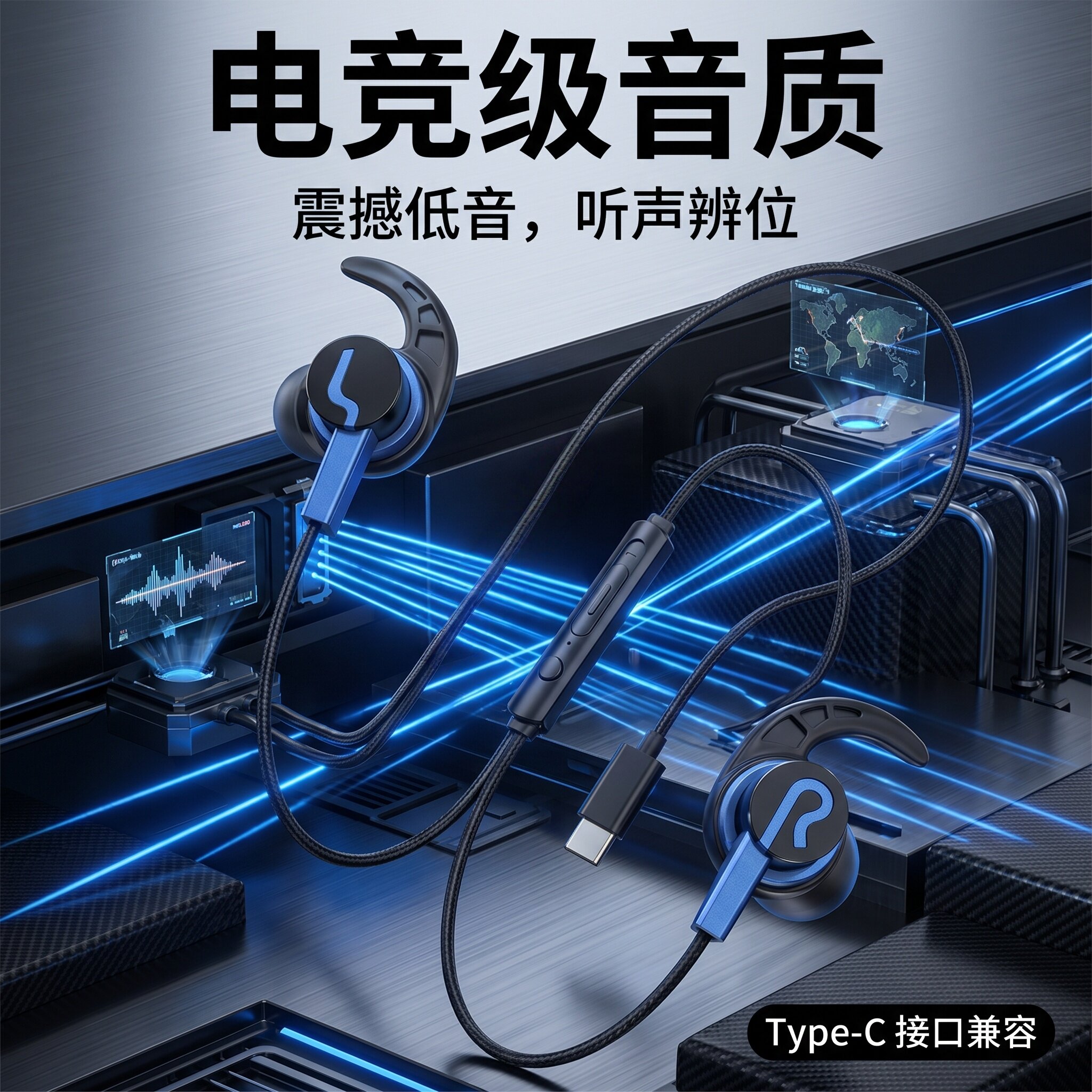 Typec扁头耳机重低音入耳式适用于OPPO华为vivo小米吃鸡游戏语音