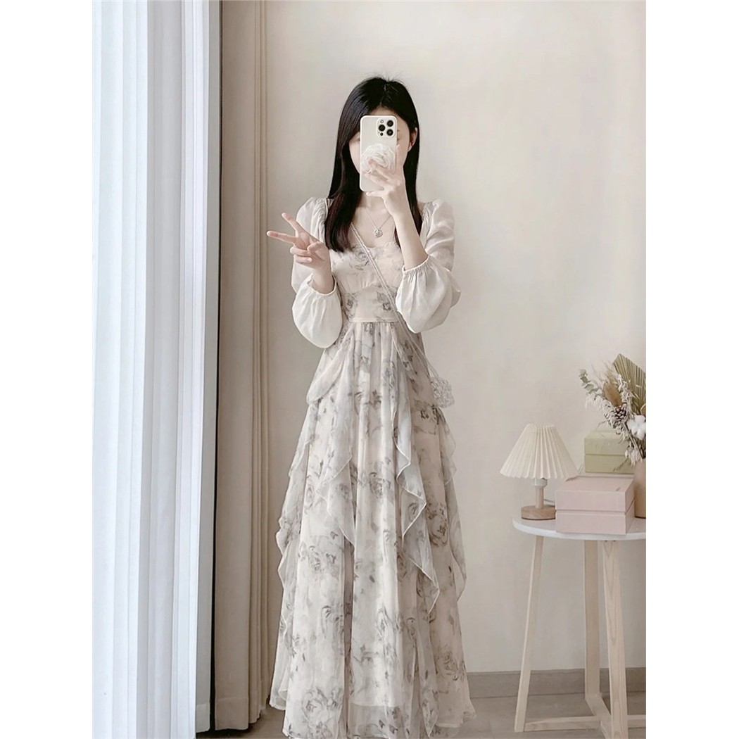 水墨画碎花吊带洋装女夏2026新款高级感小个子雪纺长裙两件式套装
