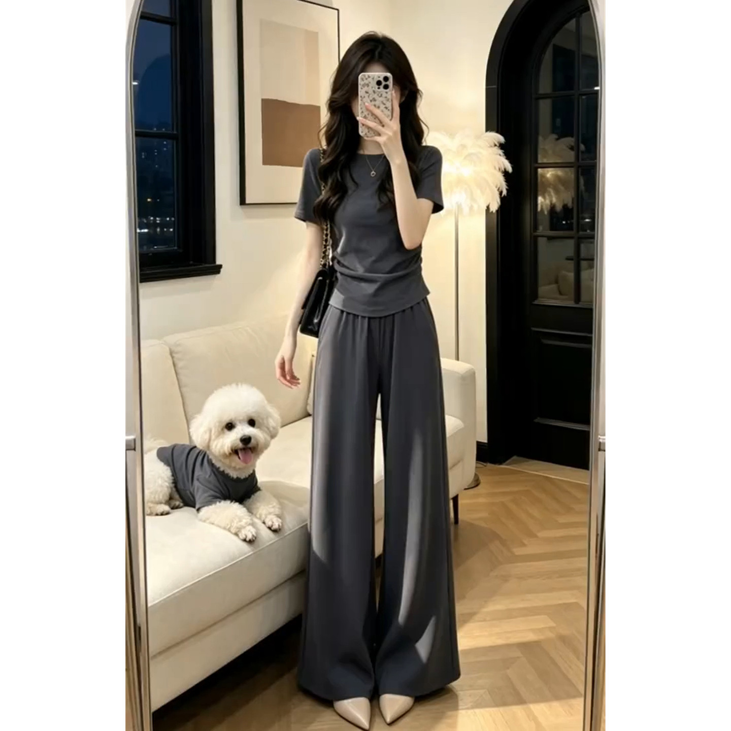 夏季巨好看ootd穿搭一整套2026新款灰色短袖T恤女阔腿裤两件0528z