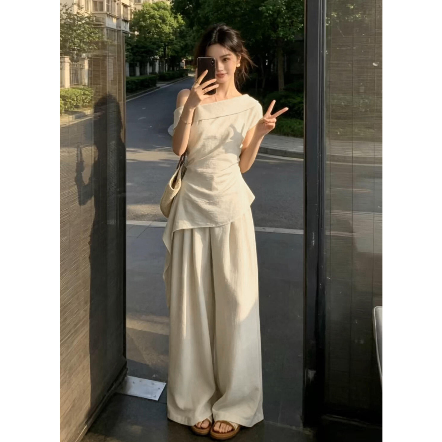 夏季巨好看ootd穿搭一整套2026新款斜肩短袖t恤女阔腿裤两件0528z