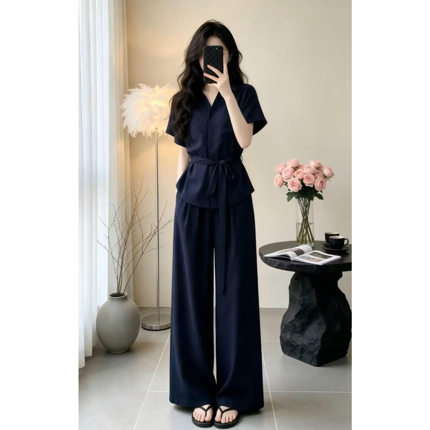 夏季韩系巨好看ootd穿搭一整套2026新款短袖T恤女阔腿裤两件0528z