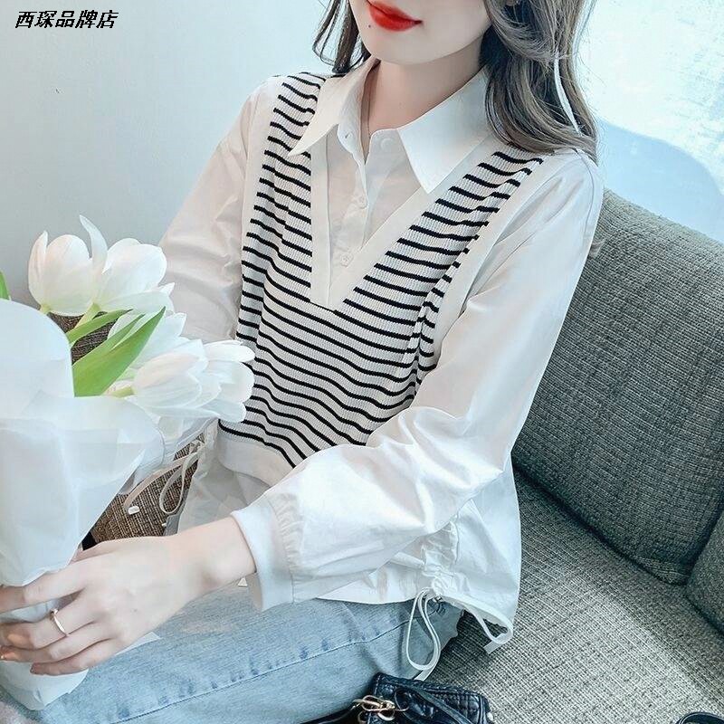 雪纺上衣漂亮小衫假两件条纹衬衫女装2026新款春秋POLO领抽绳长袖