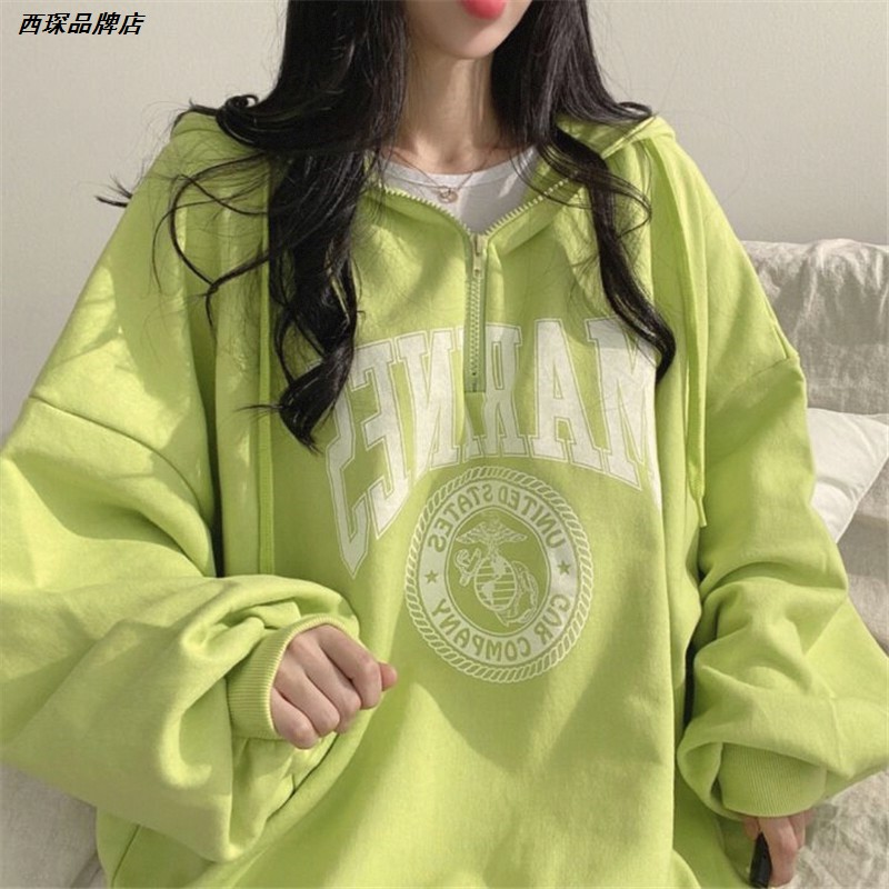 中长款韩版女拉链潮加绒连帽外套薄款含棉卫衣百搭宽松加厚春秋季