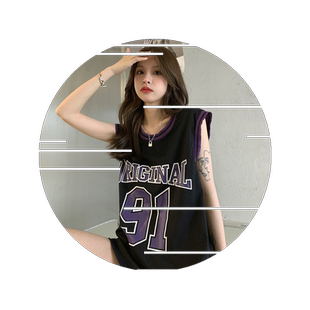 设计感无袖t恤辣妹甜酷上衣美式复古篮球服运动背心女夏外穿潮