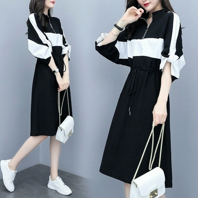 2025新款宽松收腰撞色拼接休闲连衣裙夏季时尚名媛风中长款卫衣裙