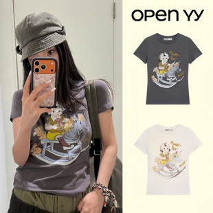 卡通图案印花休闲圆领T恤女 马年限定图案短袖 韩国潮牌open yy新款