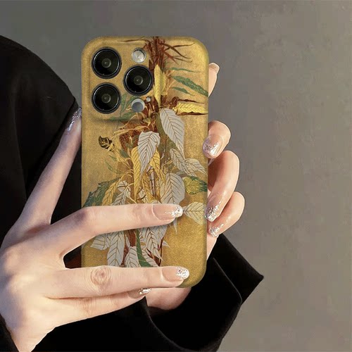 金片树叶新中式艺术绘画适用于苹果IPhone7/8/X/XR/11/12/13pro/14/15promax菲林小众国潮男女中国风手机壳