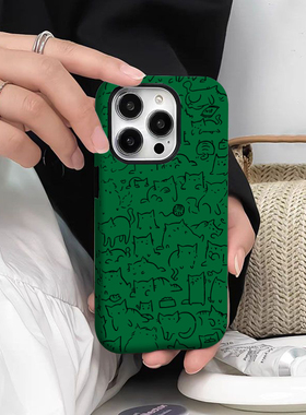 焱焱日韩绿色卡通猫咪适用苹果15PROMAX手机壳菲林iphone14plus硬壳13mini12趣味萌系可爱治愈动漫全包小清新