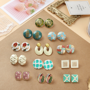 vintage宫廷风珐琅釉耳钉925银针 复古艺术甜美优雅耳环耳夹女