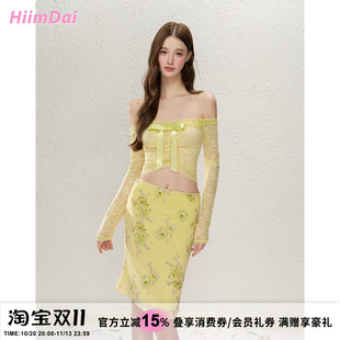 HiimDai 香柠茉莉 蝴蝶结一字肩修身显瘦蕾丝上衣/低腰半身裙套装