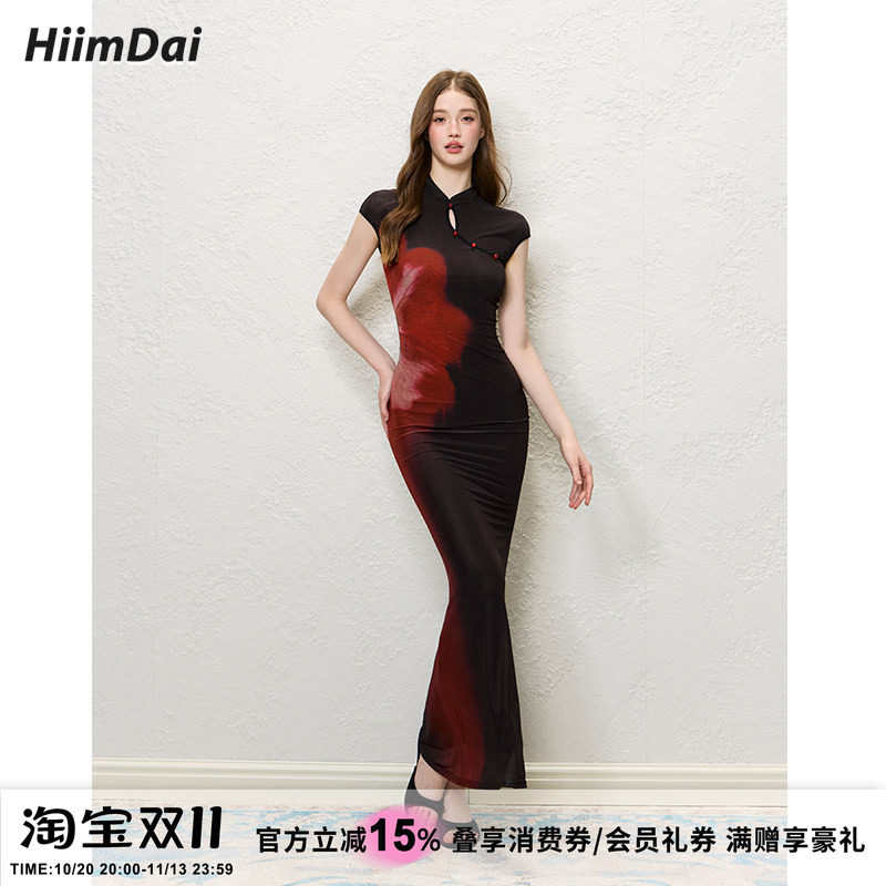 HiimDai 海市蜃楼 新中式国风黑红撞色印花收腰包臀旗袍连衣长裙