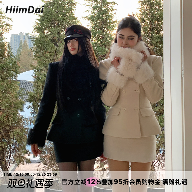 hiimdai含羊毛沙漏收腰毛呢外套