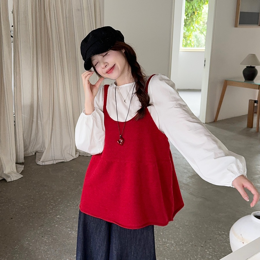 茶粒籽~减龄宽松显瘦娃娃衫+针织吊带两件套女