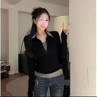 撞色假两件POLO黑灰百搭显瘦辣妹长袖 新款 T恤上衣 秋季 茶粒籽