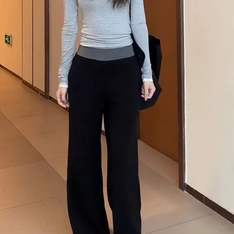 茶粒籽~黑色休闲阔腿长裤秋季新款拼色宽松显瘦设计感直筒裤子