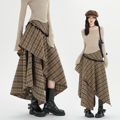 茶粒籽~秋冬百搭复古格子不规则半身裙高腰显瘦格纹A字拼接长款