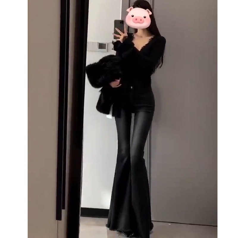 MIAOSHENGCHI定制高个子170微喇牛仔裤女春秋加长黑色毛边喇叭裤
