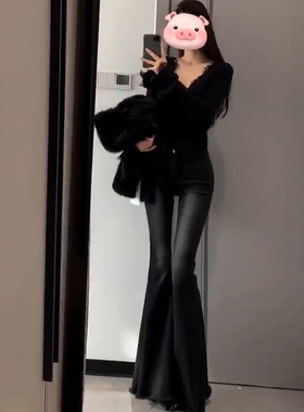 MIAOSHENGCHI定制高个子170微喇牛仔裤女春秋加长黑色毛边喇叭裤