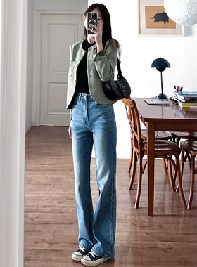 MIAOSHENGCHI定制~春秋浅蓝色窄版显瘦牛仔裤女高腰遮胯直筒长裤