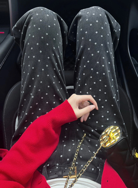 MIAOSHENGCHI定制高个子黑色波点牛仔裤女春秋加长显瘦窄版直筒裤