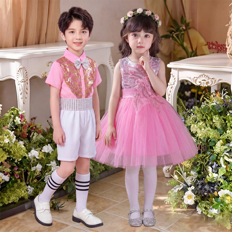 儿童小花朵演出服幼儿园毕业合唱男女童礼服公主蓬蓬裙七彩舞蹈服