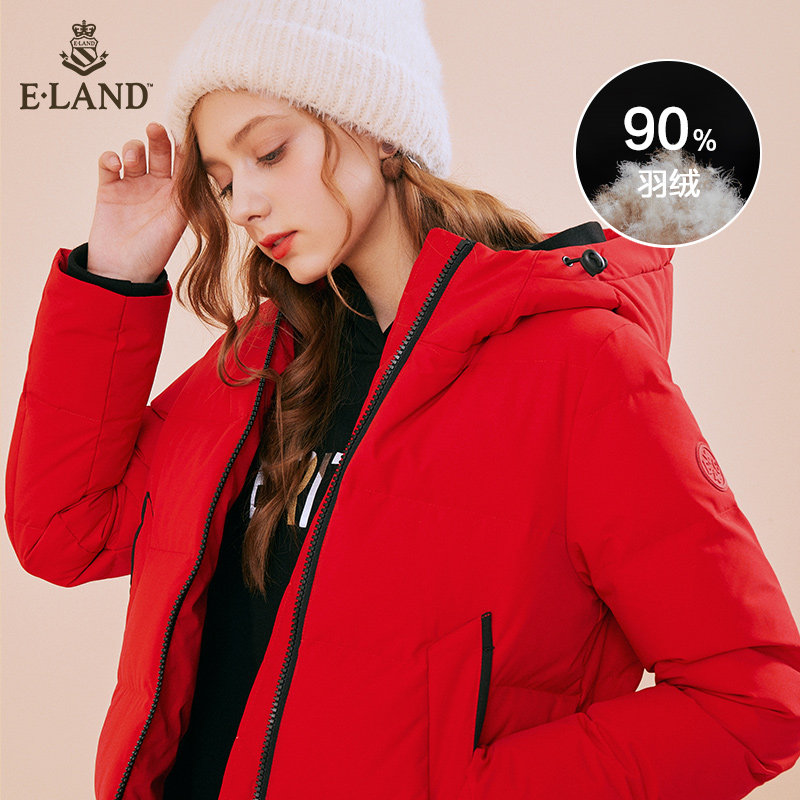 ELAND秋冬纯色连帽撞色边羽绒服女刺绣保暖中长款EEJD98T22I