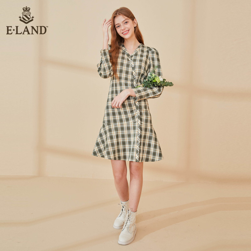 ELAND2020秋季新款法式轻奢V领垂感格子连衣裙EEOWA89Q1I