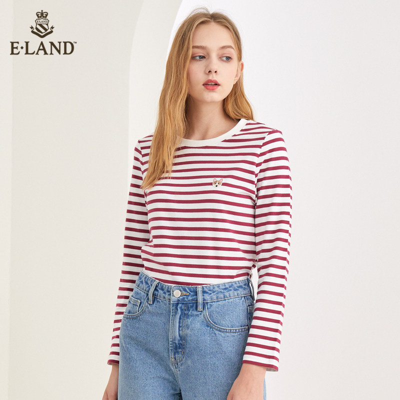 ELAND经典可爱柯基刺绣条纹圆领长袖T恤女EELAA87Q1I