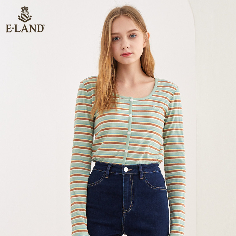 ELAND减龄缤纷条纹t恤女长袖韩版修身显瘦EELAA8704I
