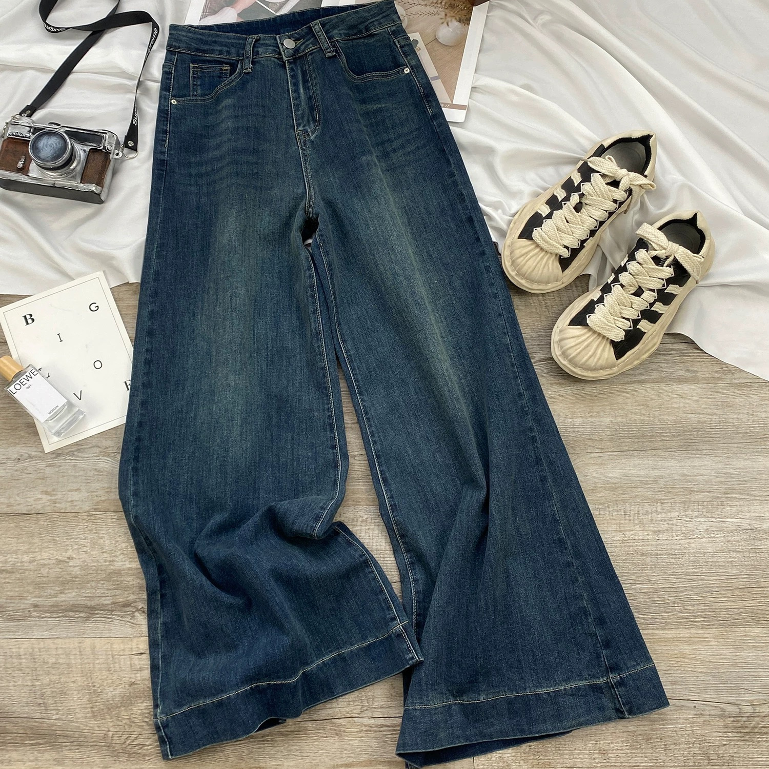 【甜甜圈】8911加绒复古蓝阔腿牛仔裤新款高腰宽松显瘦直筒裤