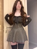 荔桃想睡觉ya 套装 清楚系温柔 显瘦高腰千鸟格伞裙灰色打底长袖