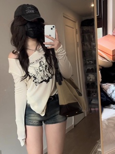 荔枝爱睡觉春夏新款美式复古辣妹薄款宽松印花防晒罩衫做旧短裤