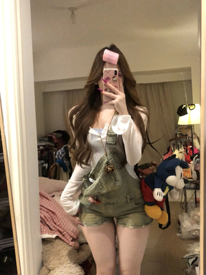 荔桃想睡觉ya |落跑甜心~美式复古做旧牛仔背带短裤女夏季T恤套装