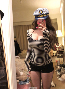 荔桃想睡觉ya |秋冬古早圆领条纹修身显瘦长袖T恤打底衫辣妹套装