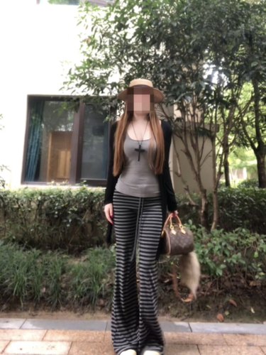 荔桃想睡觉ya【初秋淡人感】慵懒松弛条纹拼色条纹系带低腰遛弯裤