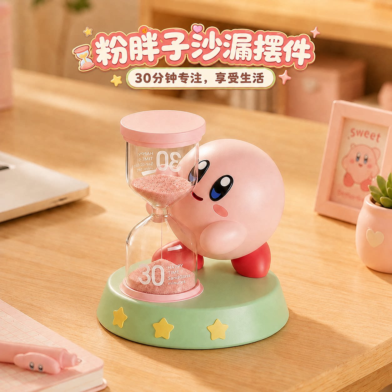 可爱星之卡比沙漏摆件办公桌面装饰品工位情绪稳定流沙瓶生日礼物