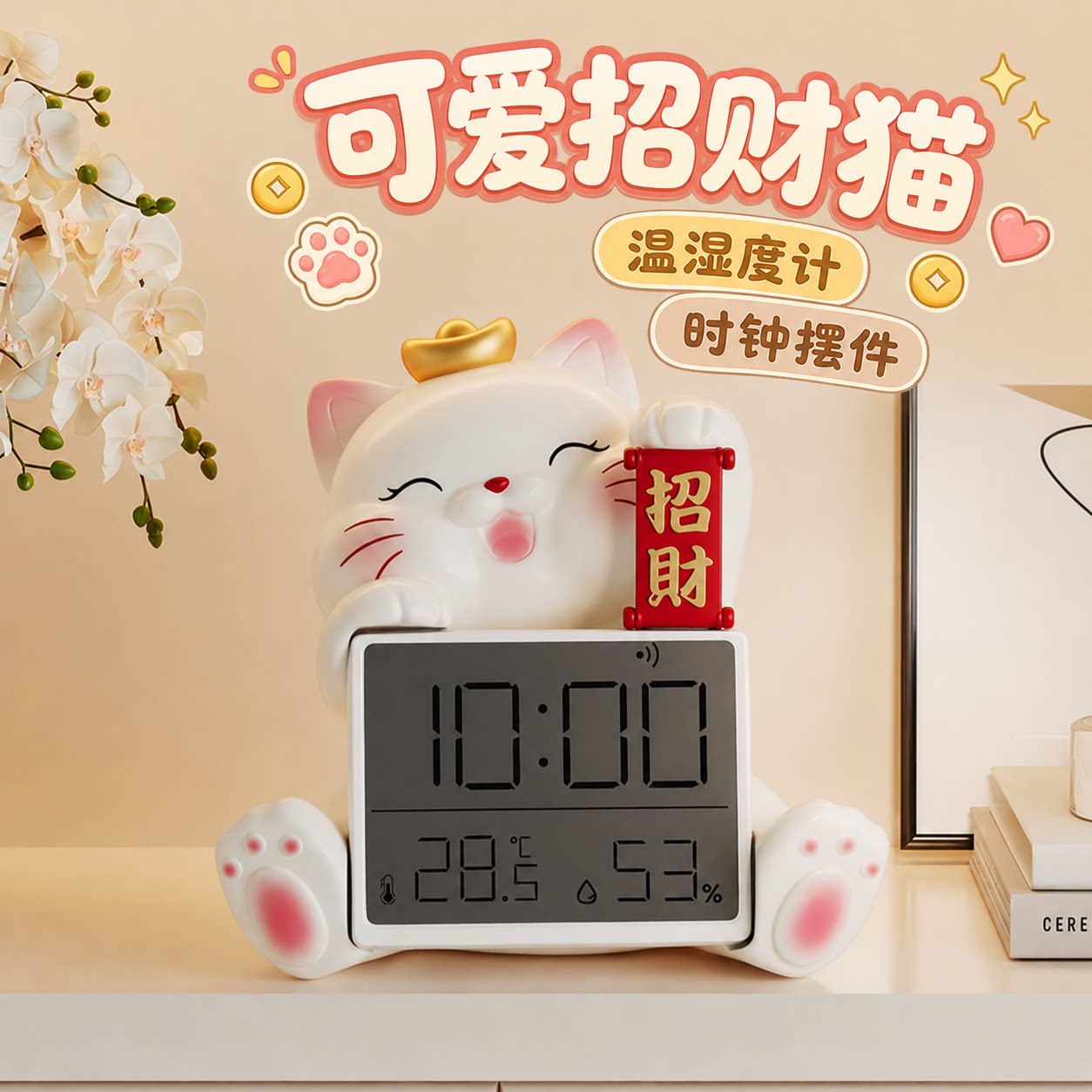 招财猫电子时钟摆件室内温湿度计图片
